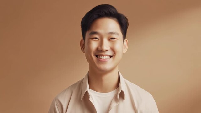Back view of a person with dark hair wearing a beige shirt against brown background