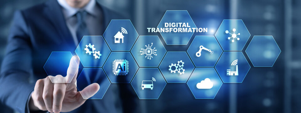 Professional touching digital interface showcasing key elements of digital transformation technology concepts