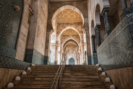Staircase, steps in the Hassan II Mosque, magnificent arabesque, ornaments, architecture, backlight, Casablanca, Morocco
