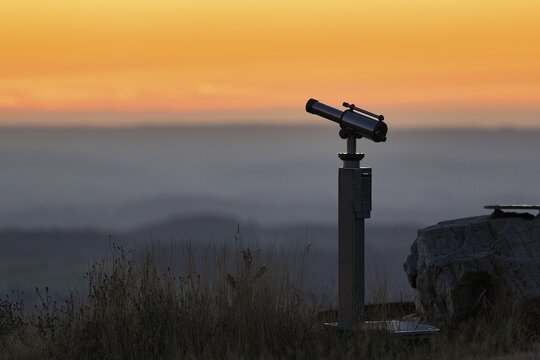 Telescope on mountain top after sunset, backlight, K&ouml;terberg, L&uuml;gde, Weserbergland, North Rhine-Westphalia, Germany