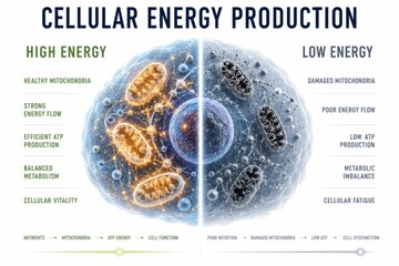 Plakat Cellular energy production comparison showing healthy and damaged mitochondria. Medical infographics of ATP metabolism, cellular vitality versus