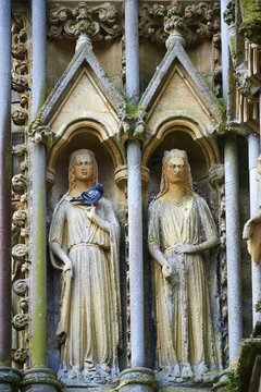 Statues on the facade of the medieval Wells Cathedral built in the Early English Gothic style in 1175, Wells, Somerset, England, United Kingdom
