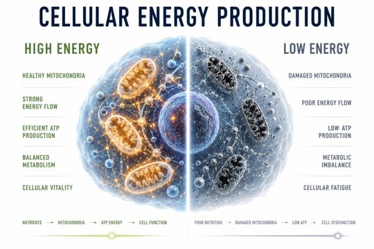 Cellular energy production comparison showing healthy and damaged mitochondria. Medical infographics of ATP metabolism, cellular vitality versus