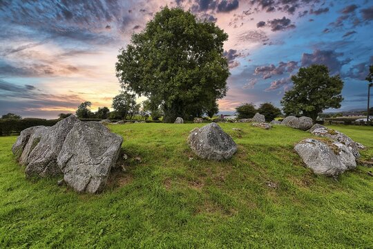 Stone circle in Carrowmore Megalithic Cemetery, dramatic evening sky, Carrowmore, County Sligo, Wild Atlantic Way, Ireland