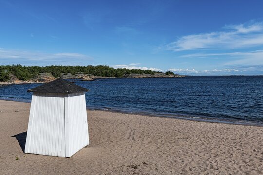 Beach huts on a deserted beach, Hanko, southern Finland