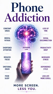 Illustration of phone addiction highlighting brain activity and negative effects including mental fatigue and reduced focus. concept of digital dependence and screen time impact
