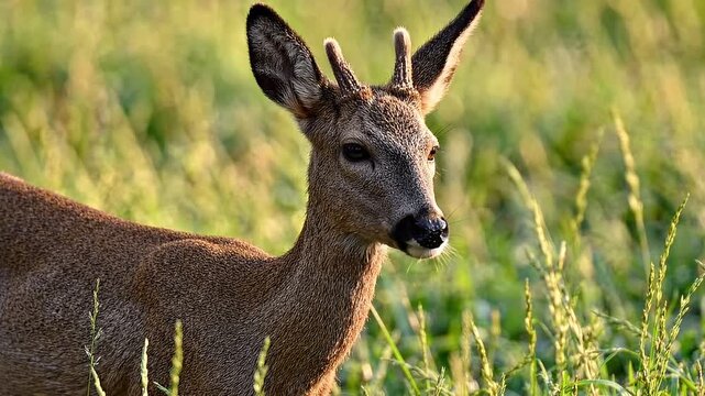 A closeup portrait of a young roe deer standing in a grassy field during golden hour