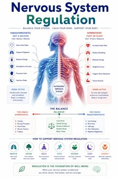 Nervous system regulation infographic showing autonomic balance. Vertical