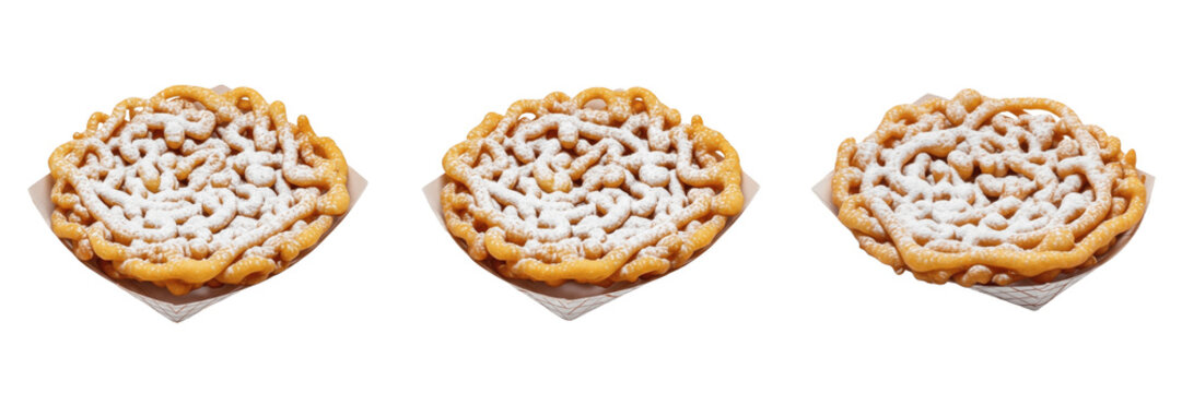 Funnel cake fried batter food specimen displaying structural culinary parameters, organic material chemical components, processing features within standard food science reference archive dataset
