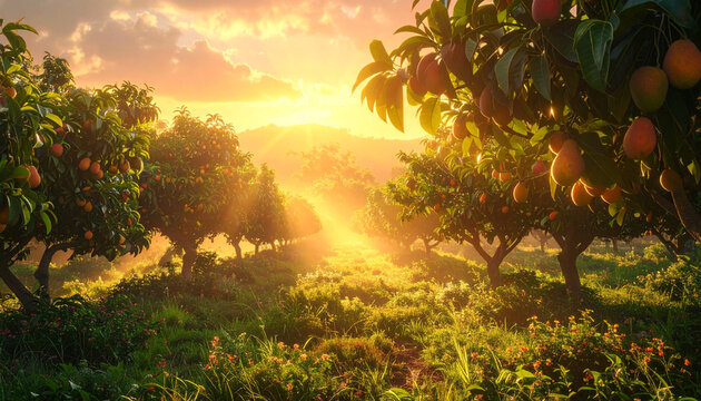 Lush orchard under golden sunlight