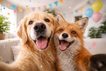 Obraz premium Golden retriever and fox celebrating friendship amidst colorful party balloons and confetti indoors. concept of unlikely companionship, festivity, joyful indoor celebration
