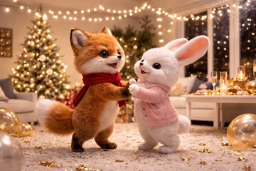 Naklejka premium Adorable fox and bunny celebrating christmas in cozy living room with twinkling christmas tree and golden decorations