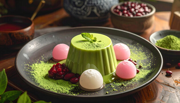 Elegant Matcha Pudding With Mochi