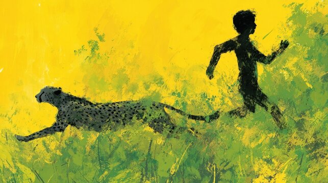 Silhouette of child chasing cheetah across vibrant grassy field. Yellow backdrop suggests energetic, sunlit wilderness. Cheetah moves with speed, predator's grace and power. Child runs determined, joy