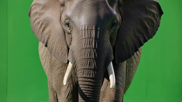 Elephant, African animal and wildlife on green screen for movie production, visual effects and cinematic editing. Large mammal, tusks and trunk with wrinkled skin, safari nature and vfx elements.