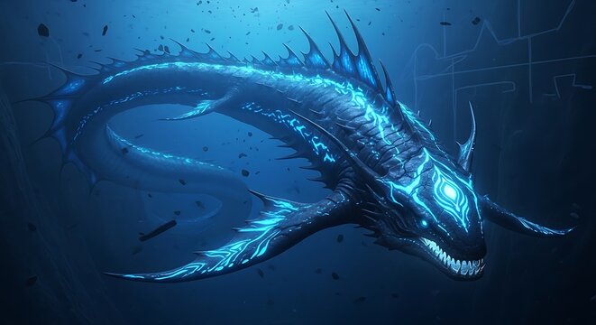 Glowing blue dragonfish in dark water.