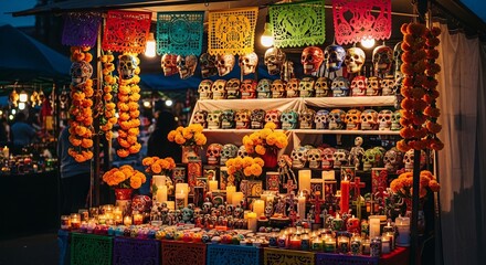 Obraz premium Market stall selling sugar skulls and marigold flowers for Day of the Dead celebration. Traditional colorful Mexican festival altar with candles and skull decorations for festive home or street decor