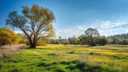 Fototapeta premium Sunny Spring Nature Scene with Blooming Meadows and Fresh Green Trees in Peaceful Countryside,Cp banner