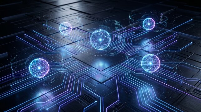 Futuristic digital network abstraction with glowing cyber network lines and floating communication nodes, advanced ICT infrastructure concept featuring holographic motion effects.