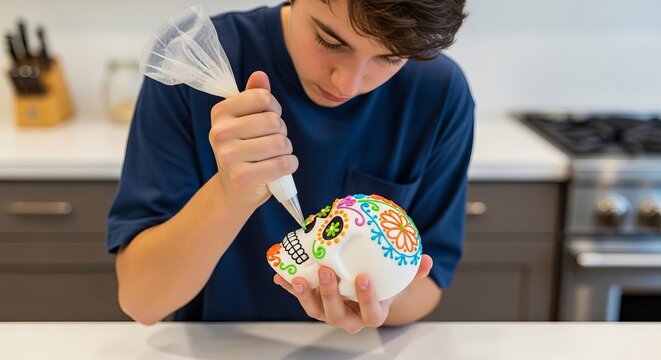 Teen boy decorating sugar skull for Dia de los Muertos. Young person using piping bag with icing to paint traditional calavera for holiday