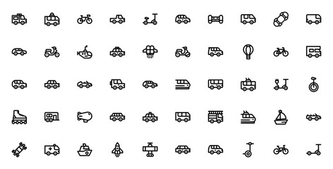 Transport icon set. Minimal thin line icons. Vector illustration. Featuring Car, Bike, Scooter, Train, Bus, Boat, Aircraft, Submarine, Rocket, Hot air balloon, Jetpack, Police car and more. © wang