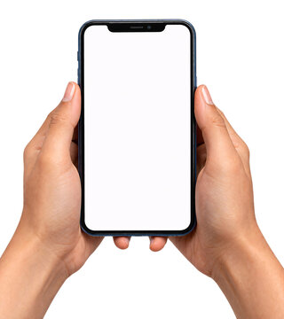 Two hands holding a smartphone with a blank white screen, isolated png transparent