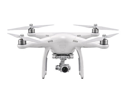 White quadcopter drone with gimbal camera isolated on black png transparent