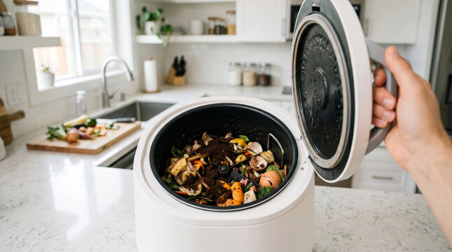 Woman opening electric food waste composter on kitchen counter. Device processing organic scraps into fertilizer