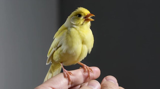 Yellow canary bird, domestic pet and singing on human hand for animal care and hobby. Small songbird, avian and wildlife with feathers, chirping and friendship. Serene nature, home and harmony life