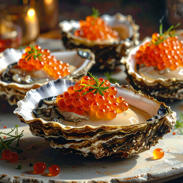 Fresh oysters topped with roe