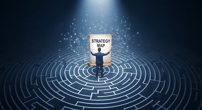 Strategy Map scroll held by a businessman in the center of a circular maze with a dramatic top spotlight and glowing particles. Ideal for executive coaching and leadership presentations.