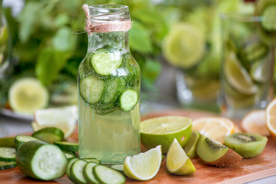 Bottle with a cold fruit and vegetable refreshing drink.