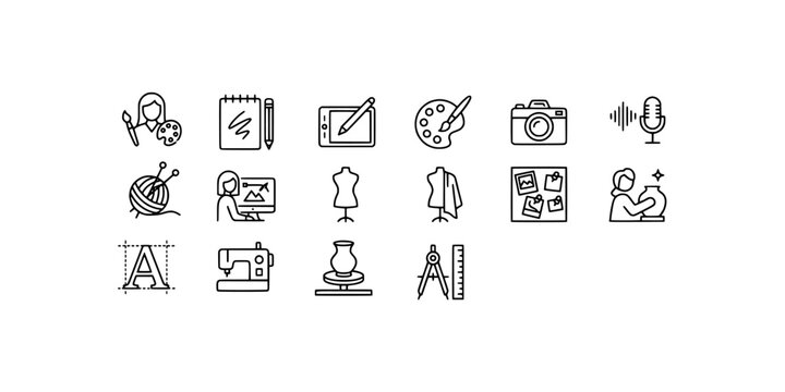 Icon set collection of creative female art studio, woman design craft hobbies, professional photography, fashion tailoring, audio podcasting, and pottery line vector.