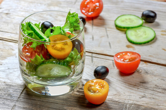 A fresh vegetable salad. Serving sample. Selective focus, close up