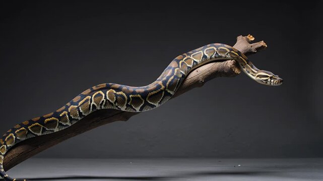 Python snake, reptile and ball python on branch for nature photography, wildlife study and animal education. Slithering, pet and constrictor with scales, exotic species, studio and dark background