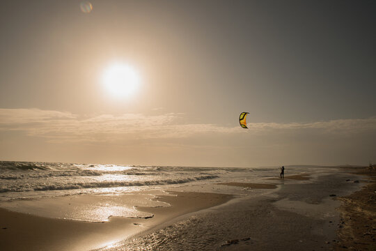 Silhouette of a kite surfer on the beach flying a kite at sunset
