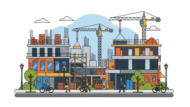 City Construction Site Hand-Drawn Illustration. Urban development scene with cranes, scaffolding, ongoing building processes, architecture, and workers.