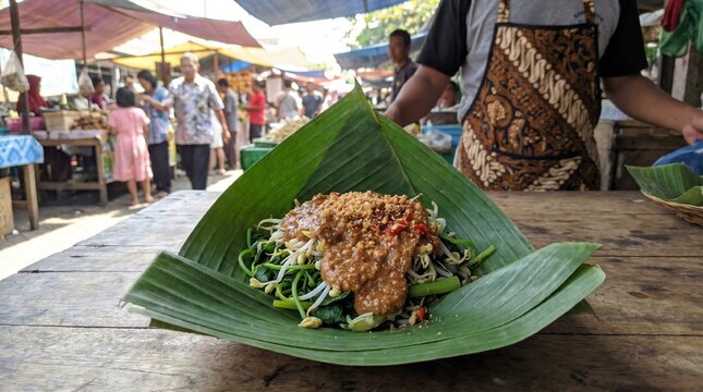 Authentic Pecel Semanggi Traditional Indonesian Street Food on Banana Leaf