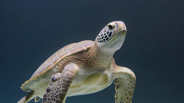 Sea turtle swimming underwater in ocean with marine life and aquatic nature exploration. Wild animal, green turtle and diving in blue deep sea for biodiversity, environmental conservation and biology
