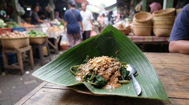 Authentic Pecel Semanggi Traditional Indonesian Street Food on Banana Leaf