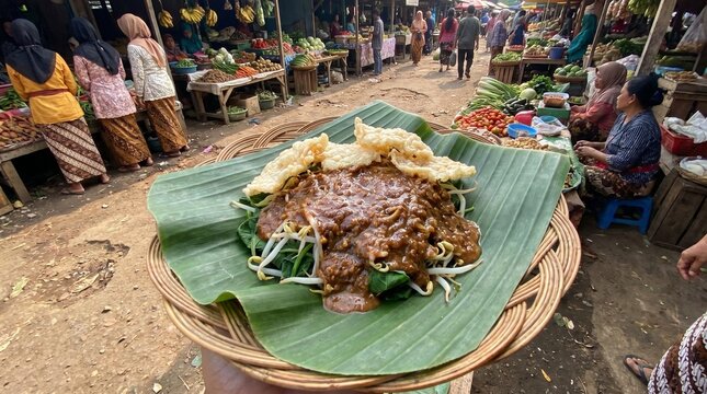 Authentic Pecel Semanggi Traditional Indonesian Street Food on Banana Leaf