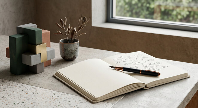 Open notebook with a mind map, a sleek pen, and an interlocking geometric puzzle on a terrazzo desk