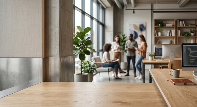 Empty wooden desk in the foreground with a blurred diverse business team meeting in a modern open-plan office