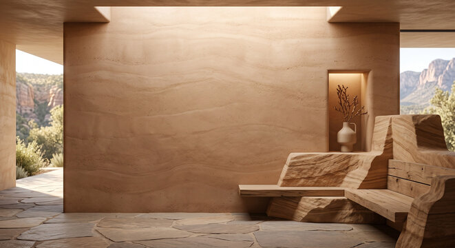 Modern desert architecture interior with a blank rammed earth wall, stone floor, and canyon view