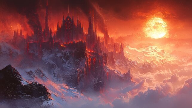 A fiery fortress sits atop snowy peaks beneath a radiant, crimson sky and a massive sun