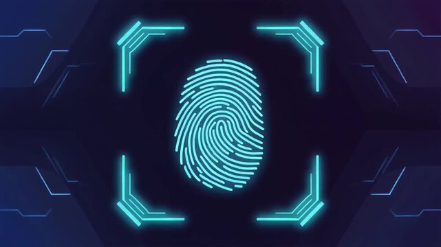 A bright cyan biometric scanner interface showcases fingerprint recognition technology with sleek futuristic framing and glowing digital security visuals.