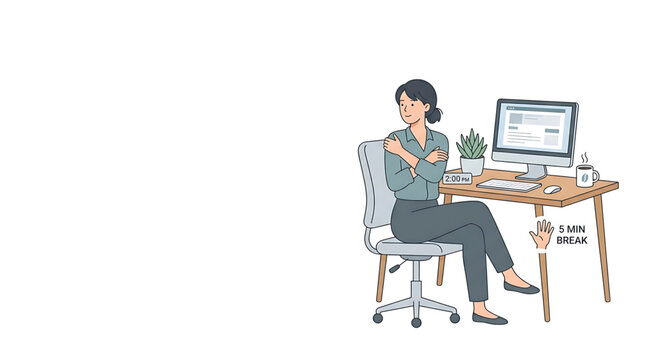 Woman taking a short break from work at her desk, hugging herself for comfort and relaxation