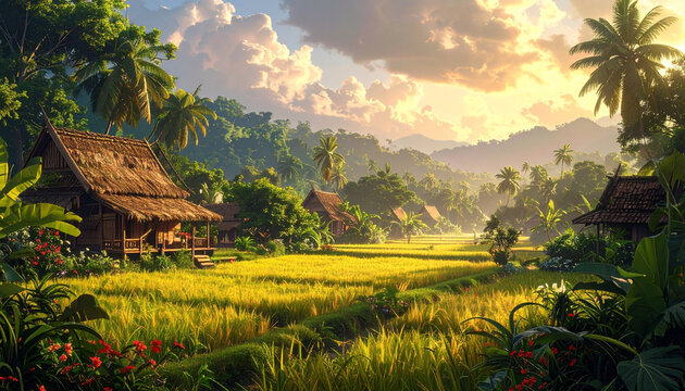 Golden Sunset Over Tropical Village