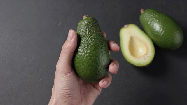 Avocado, fresh fruit and hand holding vegetable on dark table for cooking, healthy diet and organic food. Vegan nutrition, kitchen preparation and grocery shopping with copy space and mockup.