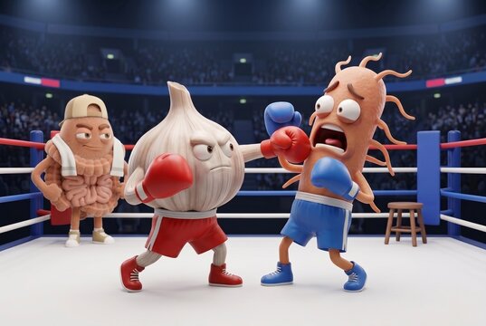 Cartoon garlic boxer delivering knockout in boxing ring, sausage opponent reeling back, peanut trainer watching from corner, dramatic arena lighting and cheering crowd, exaggerated expressions